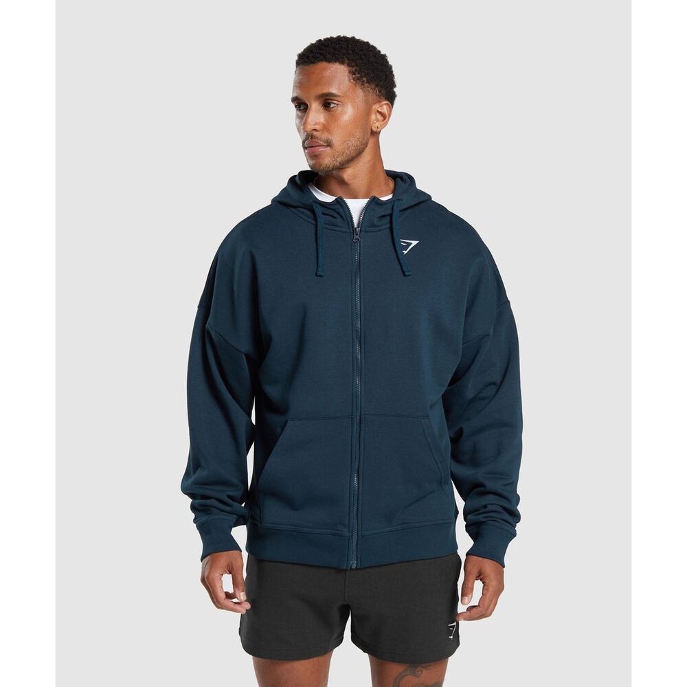 Gymshark Men's Essential Crest Oversized Zip Up Hoodie, Size XXL, In Navy Color